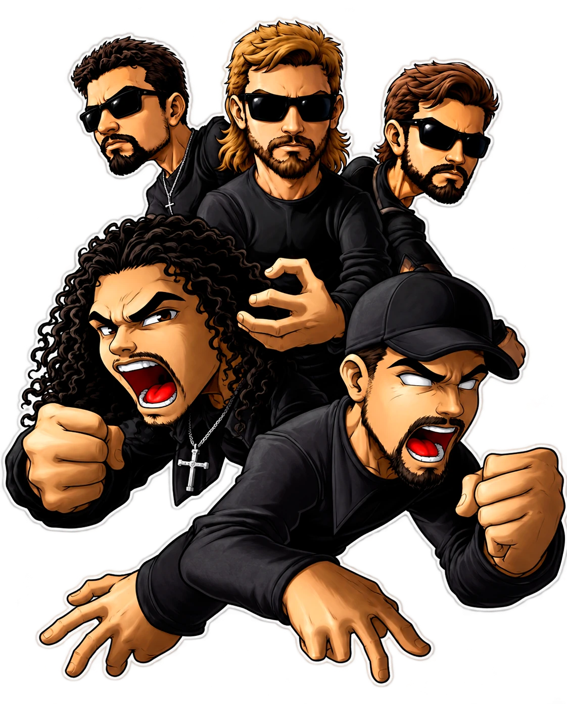 Ilustração dos cinco integrantes da Banda DROP em poses enérgicas, com roupas pretas e contorno branco.