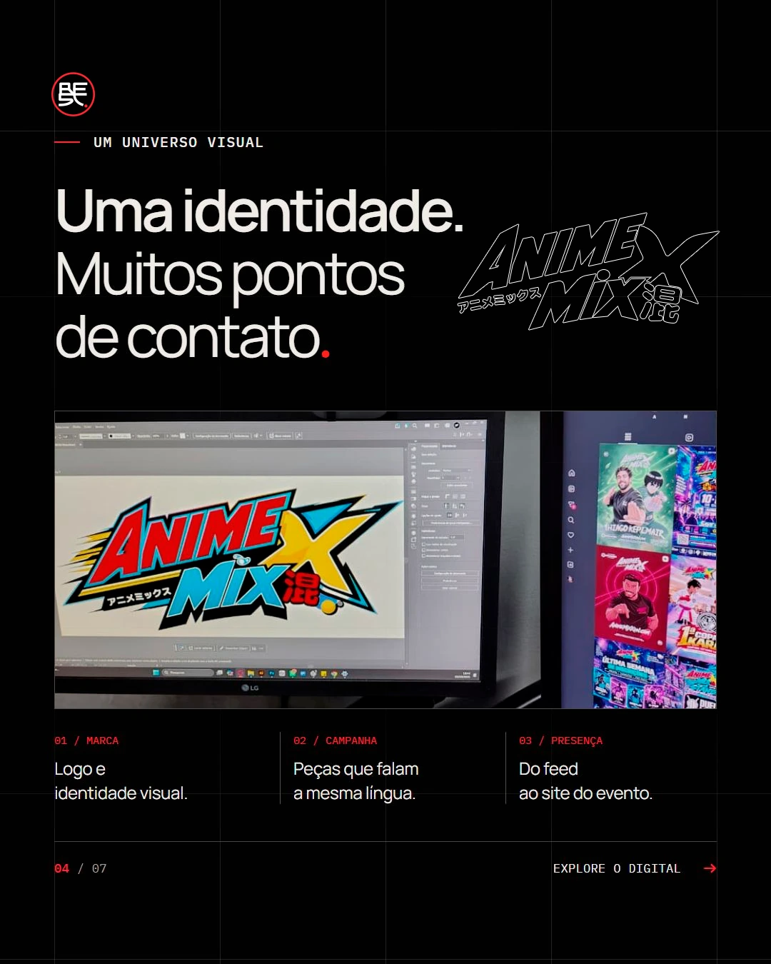 Logo do AnimeMix em criação e peças da campanha: uma identidade, muitos pontos de contato