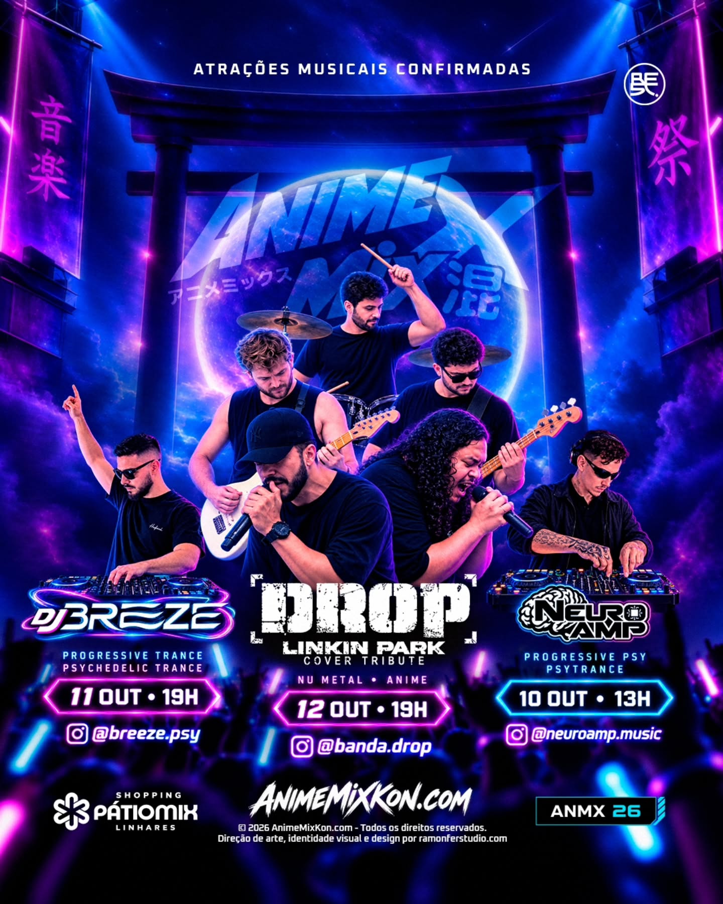 Atrações musicais confirmadas no AnimeMix 2026: DJ Breeze, Banda DROP e Neuro Amp na arte oficial do evento.