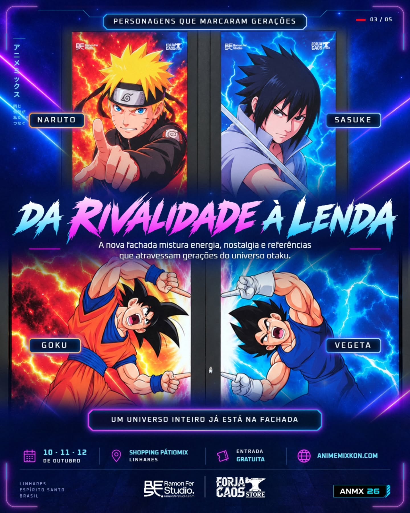 Da rivalidade à lenda: Naruto, Sasuke, Goku e Vegeta na fachada