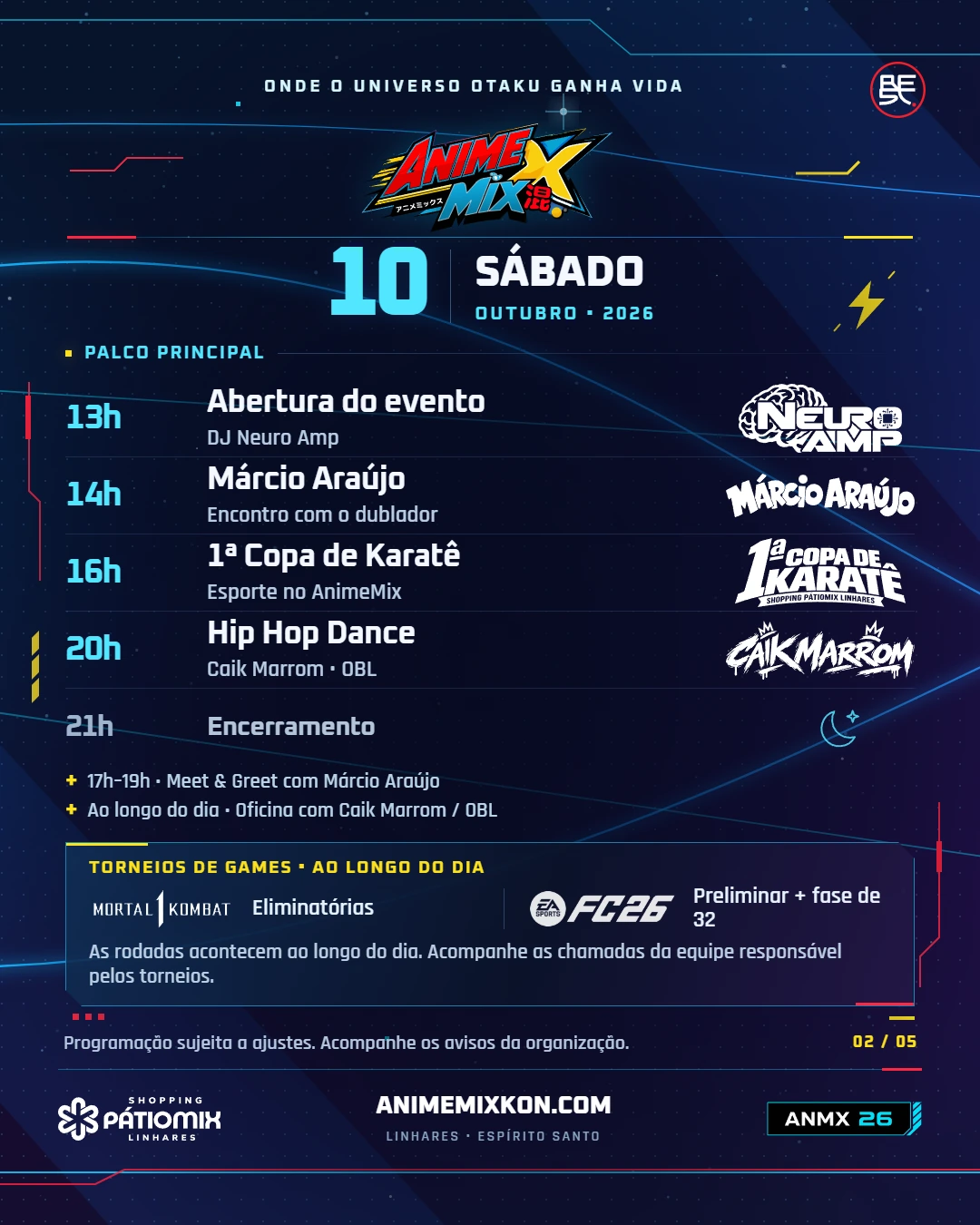 Programação de sábado, 10 de outubro