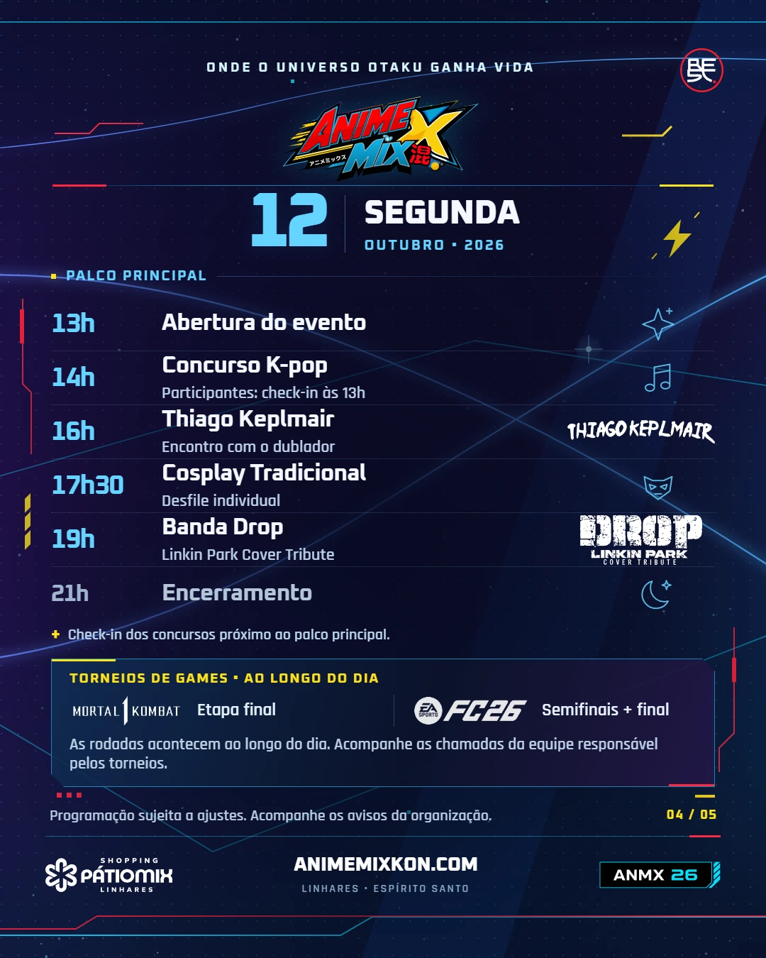 Programação de segunda-feira, 12 de outubro