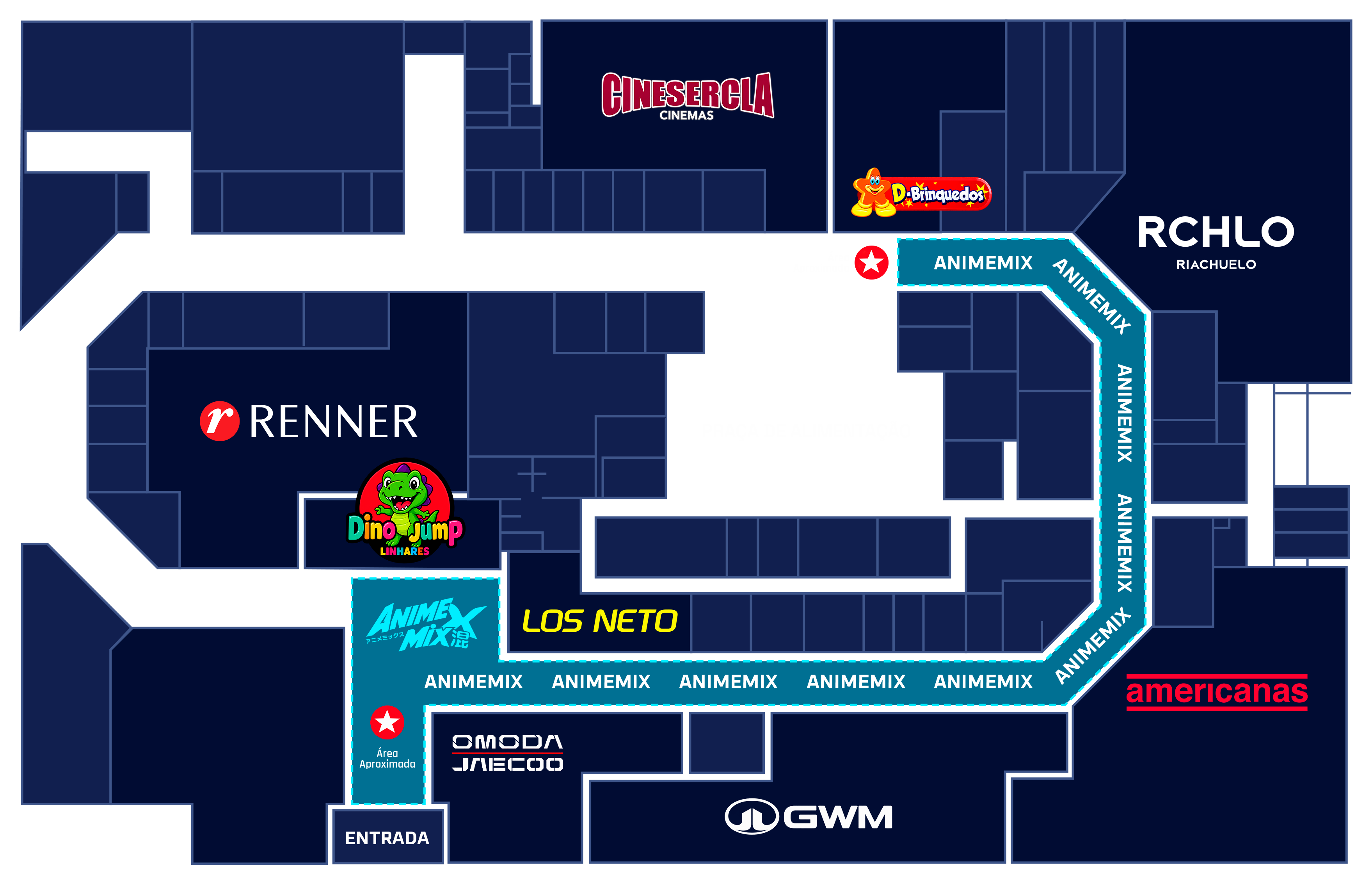 Mapa atualizado do AnimeMix fornecido pela organização: área destacada da entrada até a região da D-Brinquedos.