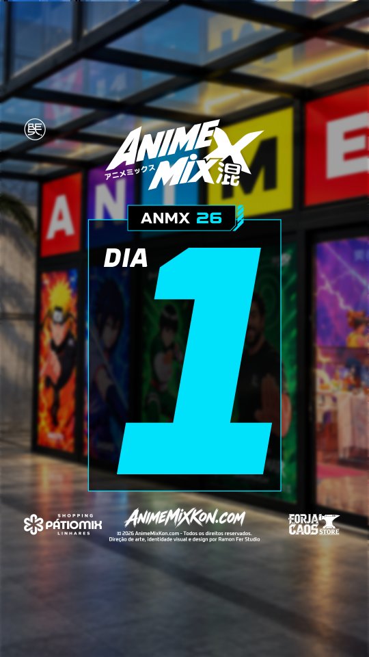 Capa oficial do Dia 1 do AnimeMix, com a fachada do evento e o número 1 em azul